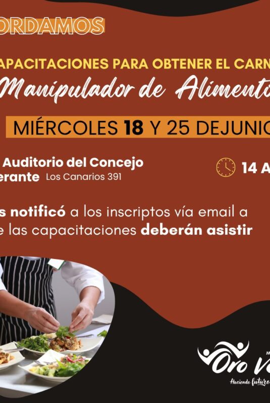Capacitación para obtener el Carnet de Manipulador de Alimentos este miércoles