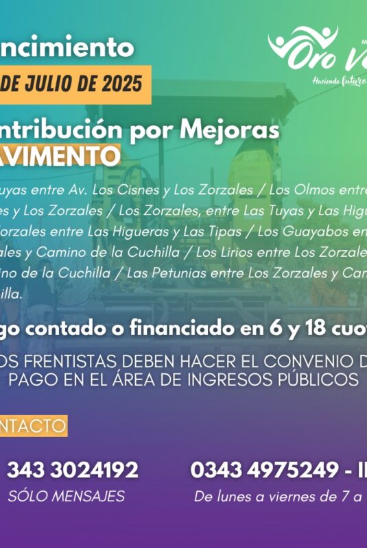 El Municipio informa que 15 de julio vence la contribución por mejoras de Pavimento de diferentes calles
